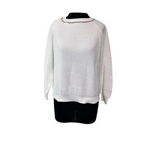 Brunello Cucinelli Womens White Knit Sweater With Metallic Trim Detail Size L Ma